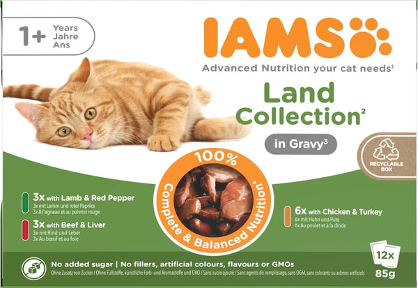 IAMS Delights Land Collection Hrană umedă pentru pisici - Multipack cu sortimente de carne (miel, vită, pui și curcan) în sos, hrană umedă pentru pisici de peste 1 an, 12 X 85G