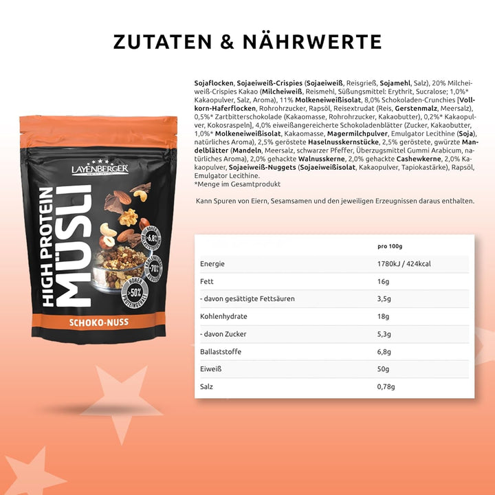 Layenberger 3K High Protein Müsli, 50% Eiweiß Und 18% Kohlenhydrate - Single Pack (1X 390 G) - Schoko-Nuss Cereale Naty Shop