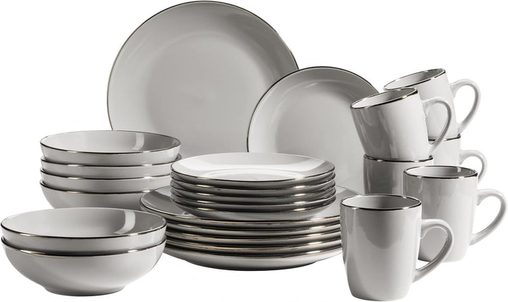 MÄSER Metallic Rim, Modernes Geschirr Set Für 4 Personen Mit Messingfarbenem Rand, 16-Teiliges Kombiservice Mit Randlosen Coupe-Formen, Steinzeug, Grau Seturi vesela masa Naty Shop Grau 24-Teilige