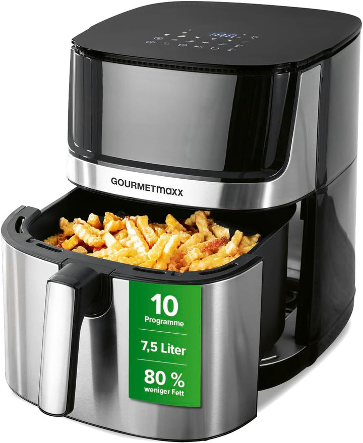 Gourmetmaxx Friteuză digitală cu aer cald XXL, 9 litri, 8 programe, 1800 W Electrocasnice Naty Shop Oțel inoxidabil / negru 7.5 litri