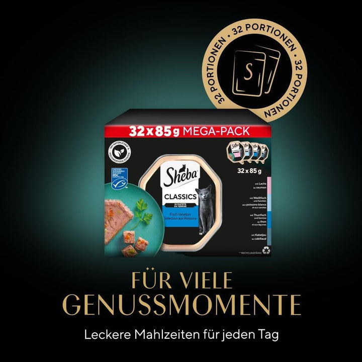 Sheba Classics in Pâté- Cea mai fină hrană umedă pentru pisici în bol - Fish Variation (MSC) cu somon, pește alb, ton și cod - 32 X 85G