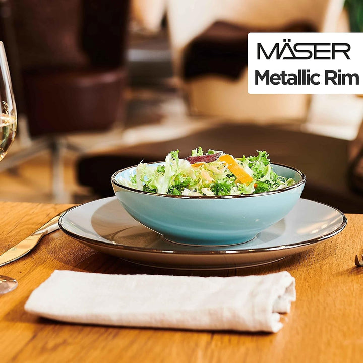 MÄSER Metallic Rim, Modernes Geschirr Set Für 4 Personen Mit Messingfarbenem Rand, 16-Teiliges Kombiservice Mit Randlosen Coupe-Formen, Steinzeug, Grau Seturi vesela masa Naty Shop