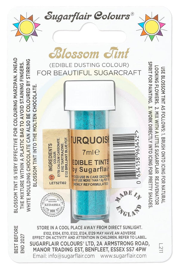 Sugarflair Blossom Tint Dusting Lebensmittelfarbe Pulver Turquoise - Lebensmittel Farbe Pulver Zur Dekorationen Farbzuckerpaste, Fondant, Zuckerguss, Schokolade, Buttercreme, Macarons - 7Ml Coloranti Alimentari Naty Shop Default Title