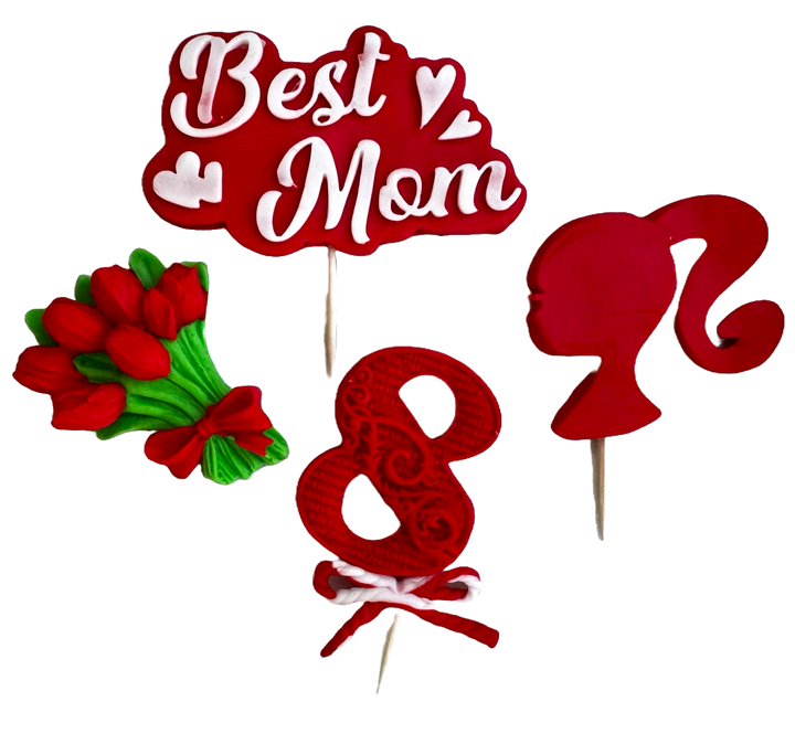 Set 4 decoratiuni comestibile din pasta de zahar, Cea mai buna mama Decoratiuni din Pasta de Zahar Naty Shop
