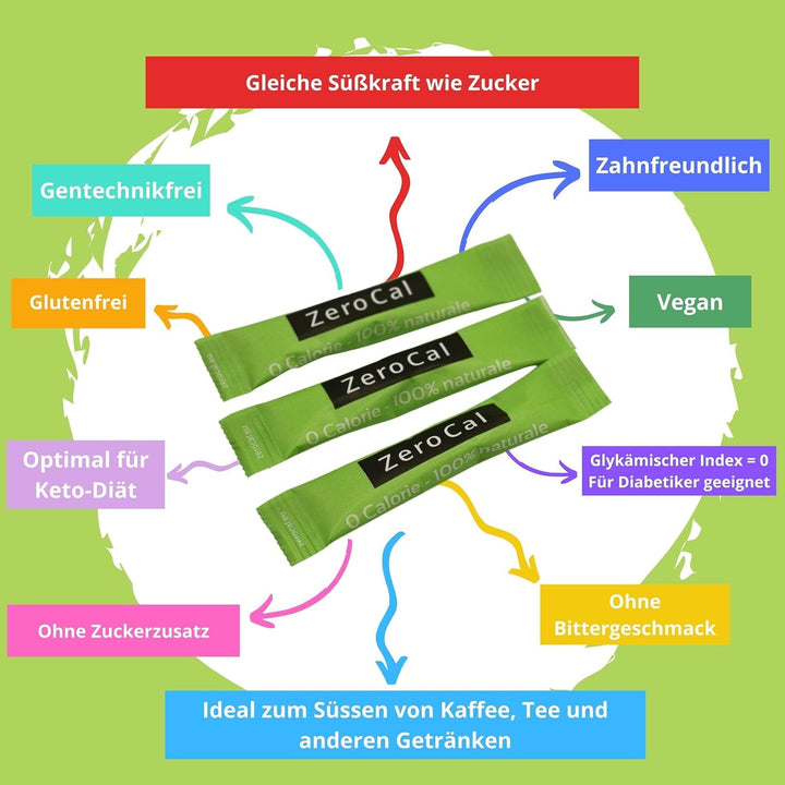 Zerocal - 1:1 (Erythrit + Stevia) 100 Sticks Je 3 G | Ideal Zum Süßen Von Kaffee, Tee Und Andere Getränke | Gleiche Süßkraft Von Zucker | Glutenfrei, Vegan, Gmo-Free | Kalorien Und GI = 0 Indulcitori Naty Shop