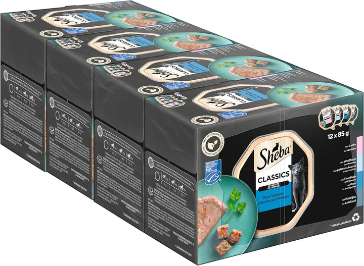 Sheba Classics in Pâté- Cea mai fină hrană umedă pentru pisici în bol - Fish Variation (MSC) cu somon, pește alb, ton și cod - 32 X 85G