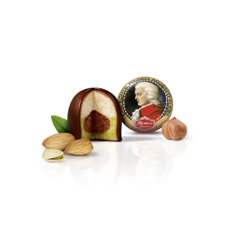 Reber, Mozart - bile, pungă de 5, bile Mozart din ciocolată neagră, umplute cu marțipan, 100 grame Bomboane de Ciocolata Naty Shop