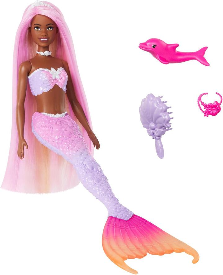 Păpușă sirenă BARBIE - inspirată din serialul TV "Barbie A Hidden Magic", cu efect de schimbare a culorilor și accesorii, păr roz lung de 19 cm pentru styling, pentru copii de la 3 ani, HRP97 Papusi Naty Shop Sirenă cu păr lung roz - Hrp98