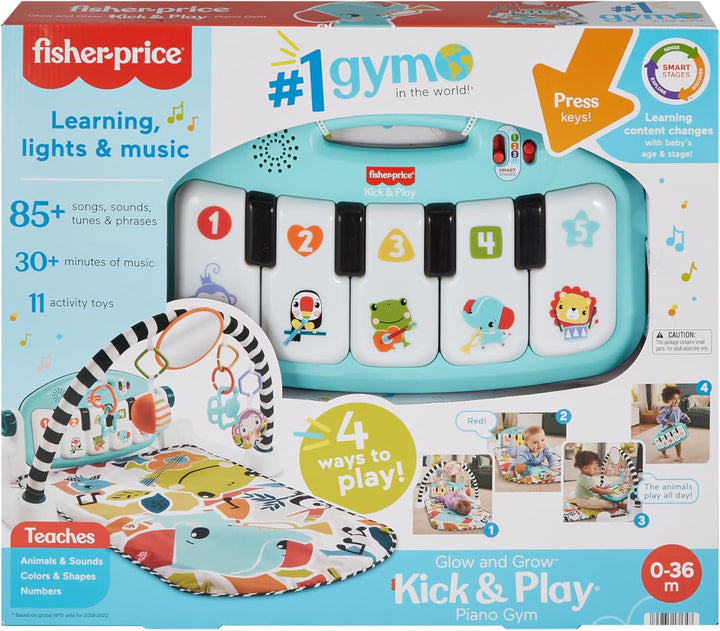 Fisher-Price Kontrast Kick & Play pătură cu pian pentru bebeluși, pătură distractivă cu pian, jucărie muzicală portabilă cu conținut de învățare Smart Stages, de la 0 luni, albastru, versiune franceză, HWY56 Jucarii Bebe Naty Shop