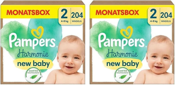 Scutece Pampers pentru bebeluși mărimea 2 (4-8 kg) Harmony, pachet economic cu cutie lunară dublă, protecție delicată a pielii și ingrediente pe bază de plante, 408 bucăți Mama si Copilul Naty Shop