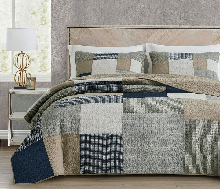 Chezmoi Collection Addy Patchwork Quilt Set bumbac pre-spălat, ușor, reversibil, pentru toate anotimpurile, supradimensionat, 3 piese, albastru marin, alb, gri, taupe, în carouri Plapumi si pilote Naty Shop