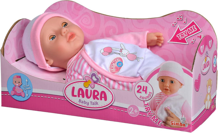 Simba 105140020 - My Love Baby Talk, păpușă cu corp moale, cu ochi adormiți, în rochiță drăguță, scoate 24 de sunete de bebeluș, 30 cm, păpușă de bebeluș de la 2 ani, alb-roz Papusi Naty Shop