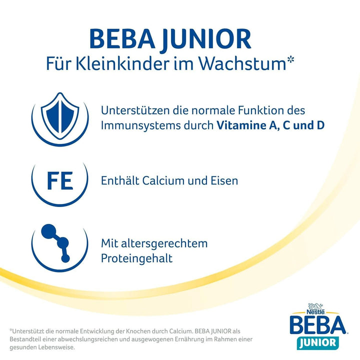 Băutură cu lapte BEBA Junior 2+ de la a 2-a aniversare, mâncare pentru copii cu HMO 2'-FL, numai lactoză, fără ulei de palmier, pachet 6 (6 x 800 g) Mama si Copilul Naty Shop