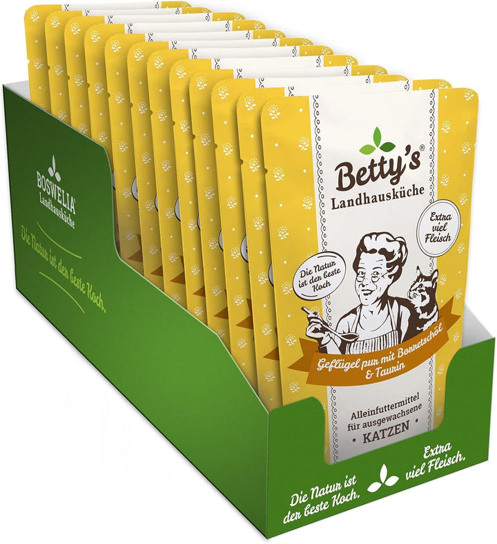 Betty'S Landhausküche Fresh Pouches Wet Food Cat, Kangaroo With Borage Oil 12 X 100G, fără cereale, de cea mai bună calitate, carne de înaltă calitate, gătită ușor, biodisponibilitate ridicată
