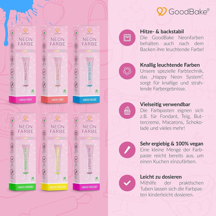 Goodbake Neonlebensmittelfarben 6 Farben Set – Intensive Lebensmittelfarbe – Lebensmittelfarbpaste – Zum Einfärben Von Torten, Fondant, Buttercreme Uvm. – 100% Vegan Naty Shop