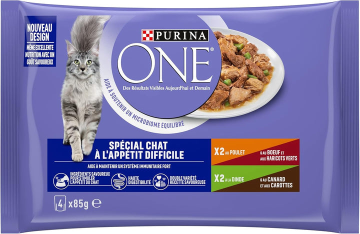 Purina One - Hrană specială în sos carne de vită/pui/canard și curcan pentru pisici cu apetit, 340 G