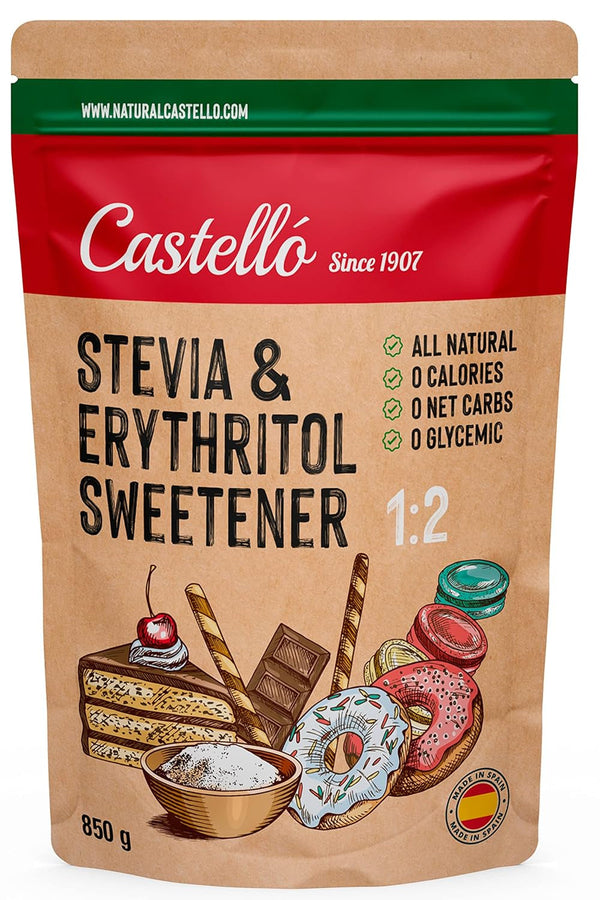 Stevia + Erythrit 1:2 Süßstoff | 1G = 2G Zucker | 100% Natürlicher Zuckerersatz - 0 Kalorien - 0 Glykämischer Index - Keto Und Paleo - 0 Netto-Kohlenhydrate - Kein GVO - Castello since 1907 - 850 G Indulcitori Naty Shop Default Title