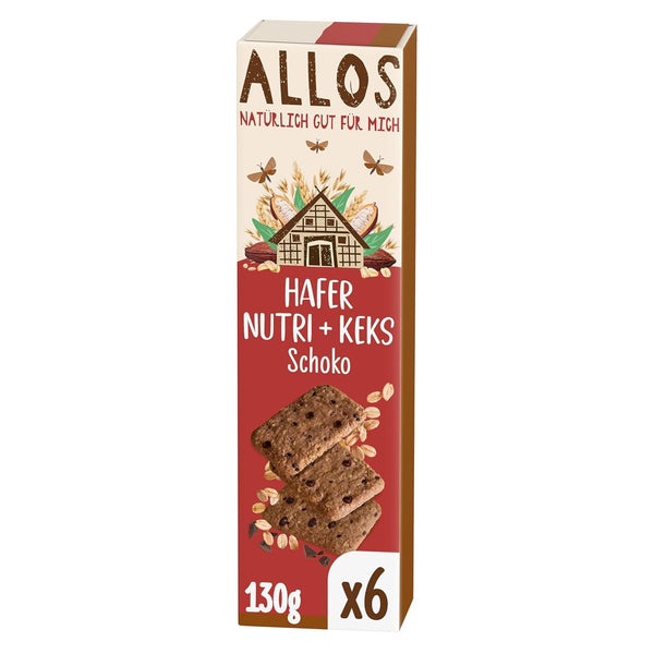 Biscuiți cu ovăz și ciocolată bio Allos | Biscuit crocant cu ovăz integral și ciocolată | Îndulciți cu miere | 6 x 130 g