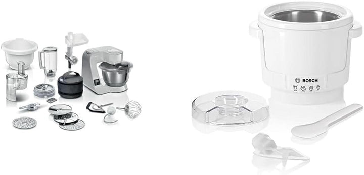 Robot de bucătărie Bosch Seria 4 MUM5X720, cântar integrat, bol din oțel inoxidabil 3.9L, mixer 1.25L, 1000W Accesorii Hrana si Alaptare Bebe Naty Shop Pachet cu mașină de făcut gheață Gri Argintiu 6 accesorii