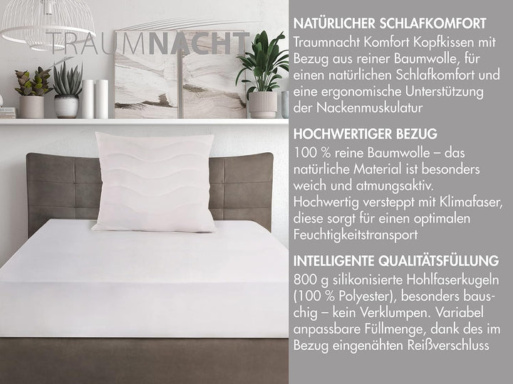 Traumnacht pernă confort cu capac din bumbac pur, pernă certificată Oeko-Tex cu fermoar, 80X80 Cm, Dezvoltat în Germania Perne standard Naty Shop