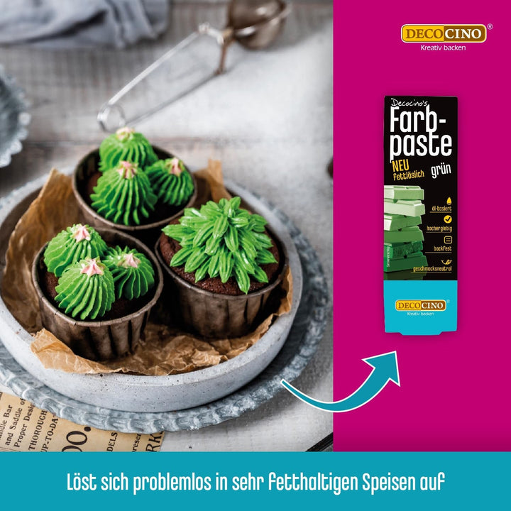 DECOCINO Fettlösliche Farbpaste Grün - 15 G - Öl-Basierte Lebensmittelfarbe, Ideal Zum Einfärben Von Schokolade, Buttercreme, Fondant Oder Kuchenteig Coloranti Alimentari Naty Shop