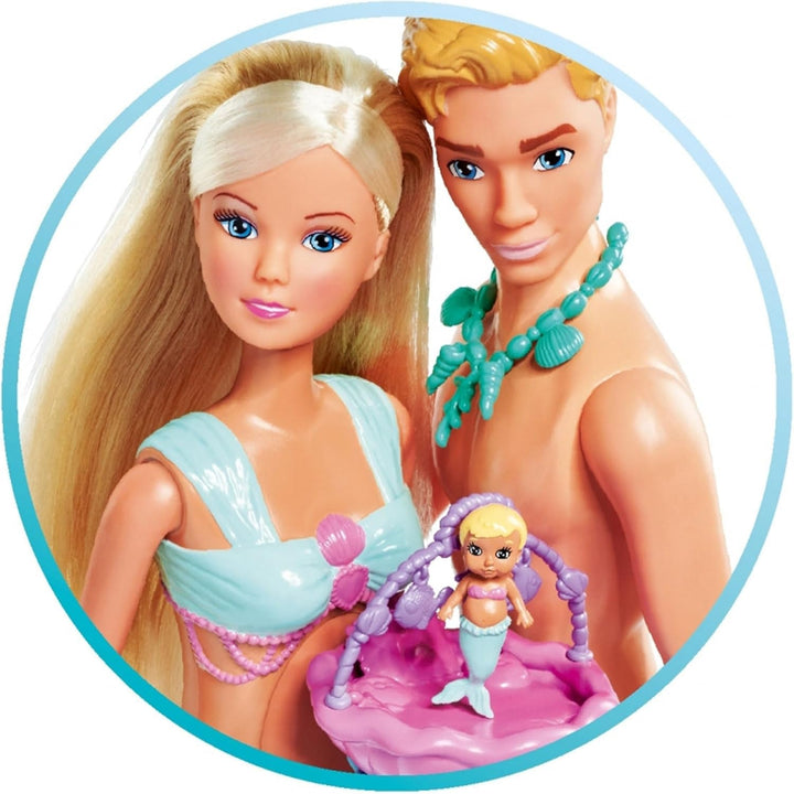 Simba 105733524 - Steffi Love Mermaid Family, păpușă ca sirenă însărcinată cu Kevin ca sirenă, cu pătuț pentru copil, 29cm păpuși dress-up, păpuși de joacă, pentru copii cu vârsta peste 3 ani Papusi Naty Shop