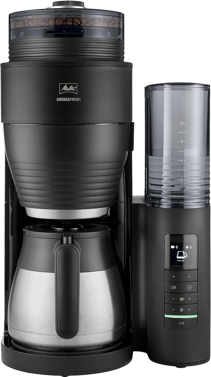 Melitta Aromafresh Therm Pro X - Espressor cu râșniță, espressor cu filtru și vas termic și rezervor de apă detașabil, pentru până la 8 cești de cafea, negru