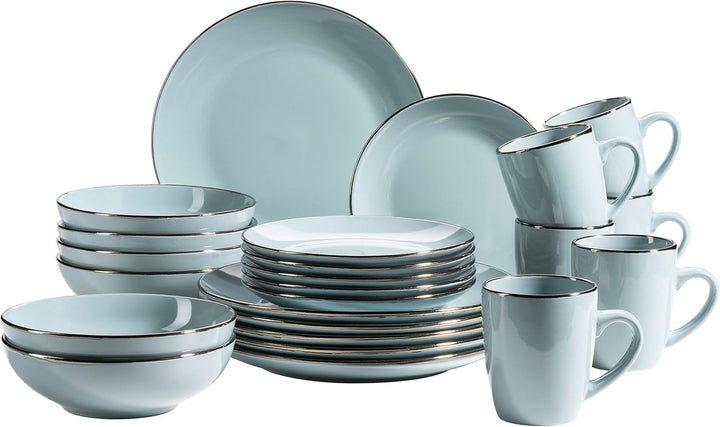 MÄSER Metallic Rim, Modernes Geschirr Set Für 4 Personen Mit Messingfarbenem Rand, 16-Teiliges Kombiservice Mit Randlosen Coupe-Formen, Steinzeug, Grau Seturi vesela masa Naty Shop Hellblau 24-Teilige