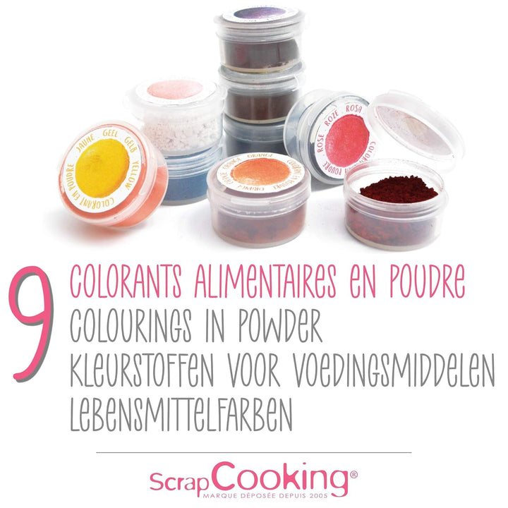 Scrapcooking - 9X Set Lebensmittelfarben Pulver - Blau, Gelb, Rosa, Violett, Orange, Zitronengrün, Rot, Puderrosa, Schwarz - Farbpulver Essbar Für Torten, Kuchen, Makronen - 4270 Coloranti Alimentari Naty Shop