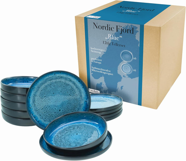 Creatable, 20166, Serie Nordic Fjord Green, 16-Teiliges Geschirrset Für 4 Personen, Kombiservice Aus Steinzeug, Spülmaschinen- Und Mikrowellengeeignet, Qualitätsproduktion Seturi vesela masa Naty Shop Blau Teller Set 12 Tlg