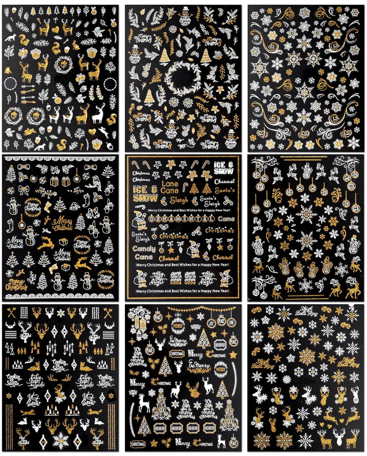 JMEOWIO Nagelsticker Weihnachten 9 Blatt Nail Art Sticker Selbstklebend Nagelaufkleber Schneeflocke Schneemann Festival Weißes Gold Dekoration Nageldesign Zubehör