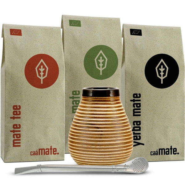 Set de ceai Mate din ceramică ● 3 sortimente de Mate BIO + cană Mate + Bombilla + instrucțiuni de preparare (Vintage)
