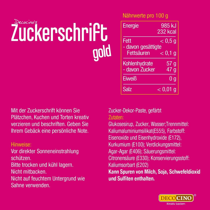 Decocino Zuckerschrift in Gold Lebensmittelfarben-Schrift Praktische Tube Zur Beschriftung Von Fondant & Glasuren Back-Deko Für Torten, Kuchen & Cup-Cakes! Coloranti Alimentari Naty Shop