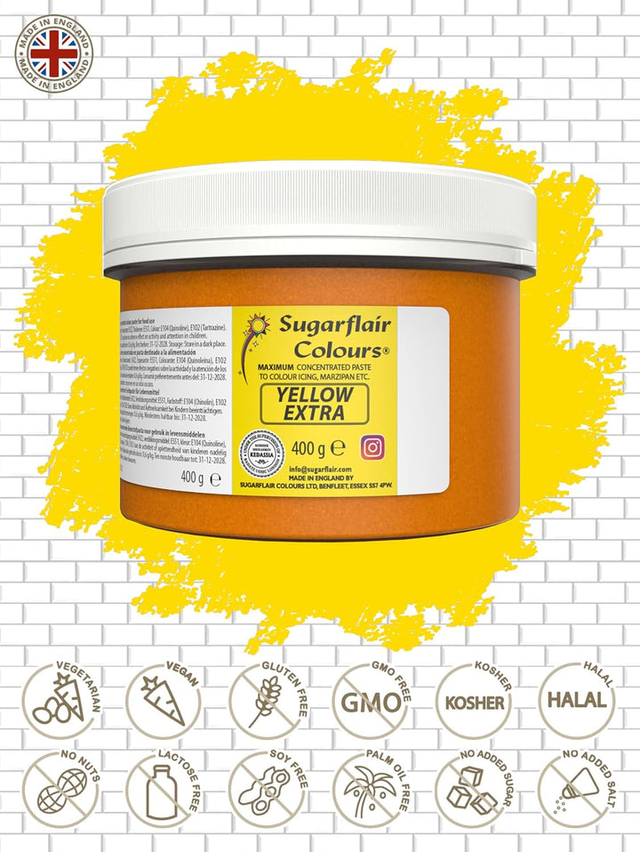 Sugarflair Lebensmittelfarbe Max Konzentriert Yellow Extra, Lebensmittel Farbstoff Hoch Konzentriert Für Marzipan Und Fondant, Max Concentrate Paste Colour - 400G Coloranti Alimentari Naty Shop