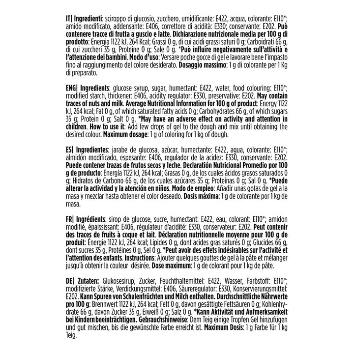 9600813 Colorant alimentar în gel, colorant alimentar în gel ideal pentru acoperiri și decorațiuni, creează culori intense și strălucitoare, fabricat în Italia, 28 de grame, culoare portocalie.