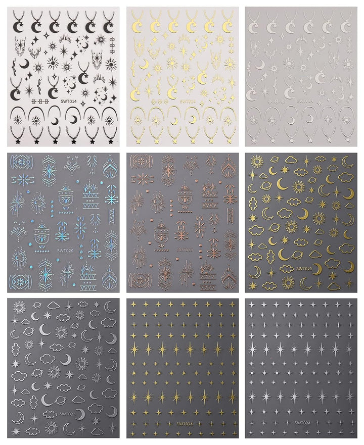 JMEOWIO Nagelsticker Mond Stern 9 Blatt Nail Art Sticker Selbstklebend Nagelaufkleber Bunter Dekoration Nageldesign Zubehör