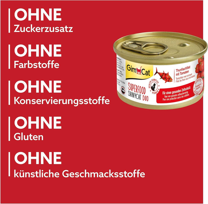 Gimcat Superfood Shinycat Duo Tuna With Tomatoes - Hrană pentru pisici cu file suculent fără zahăr adăugat pentru pisici adulte - 24 cutii (24 X 70 G)