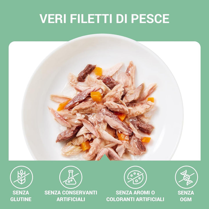 , File de ton cu morcovi în jeleu, Hrană umedă complementară pentru pisici, Rețetă originală, 100% naturală, 12 cutii la 70 G