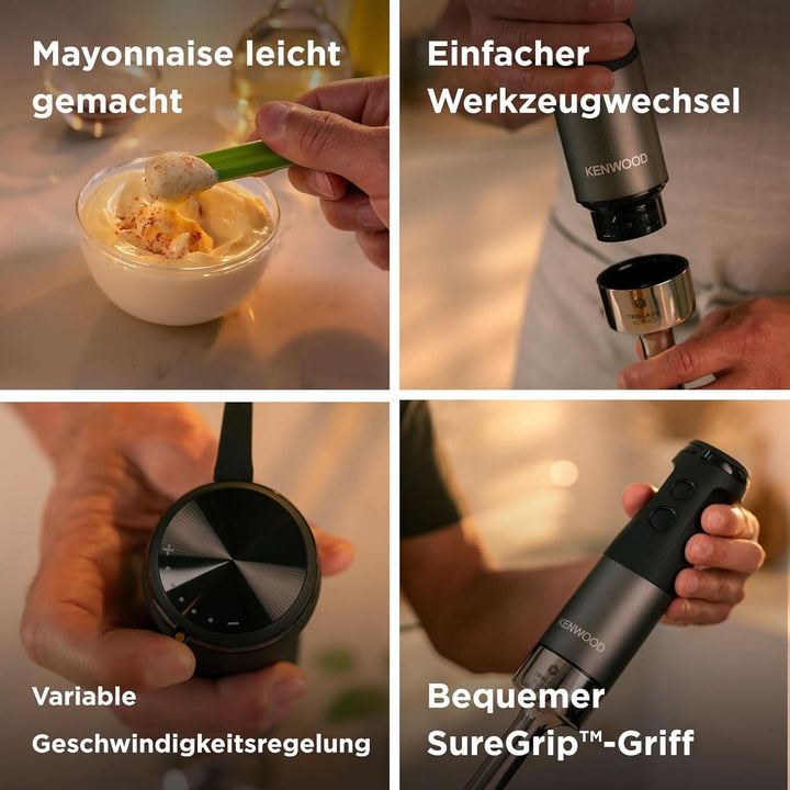 Kenwood Triblade XL Pro Stabmixer HBM80.322BK, 1200W, Variable Geschwindigkeiten, Edelstahl(Pürierfuß), Schneebesen, Emulgieraufsatz, 500Ml Zerkleiner, 700 & 250Ml Becher, Spülmaschinenfeste Teile Bucatarie Naty Shop