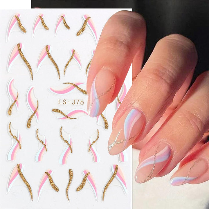 JMEOWIO Nagelsticker Französischer Tipp 9 Blatt Nail Art Sticker Selbstklebend Nagelaufkleber Glitzer Wellenlinie Dekoration Nageldesign Zubehör