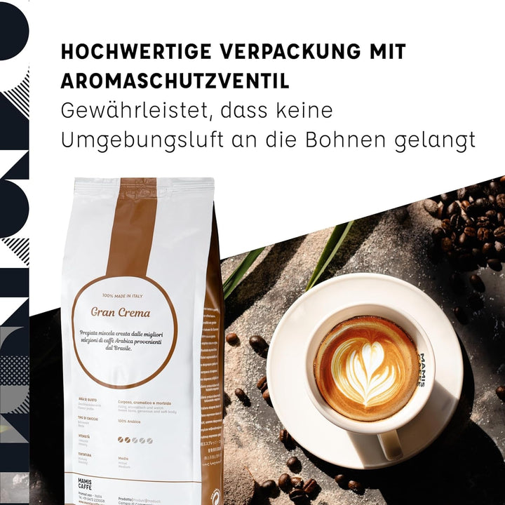 Mamis Caffè Gran Crema, boabe de espresso întregi - 100% boabe Arabica, aromă fructată, ciocolatie, ușor dulce, prăjire medie și cremă groasă, cultivate în Brazilia și Columbia Cafea Naty Shop