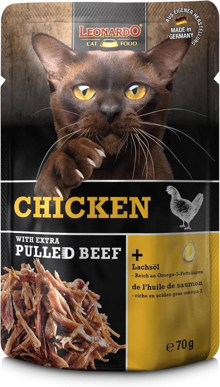 LEONARDO Fresh Pouch [16X70G Pui cu fâșii de carne] Pulled Beef | Hrană umedă fără cereale pentru pisici | Hrană completă pentru pisici