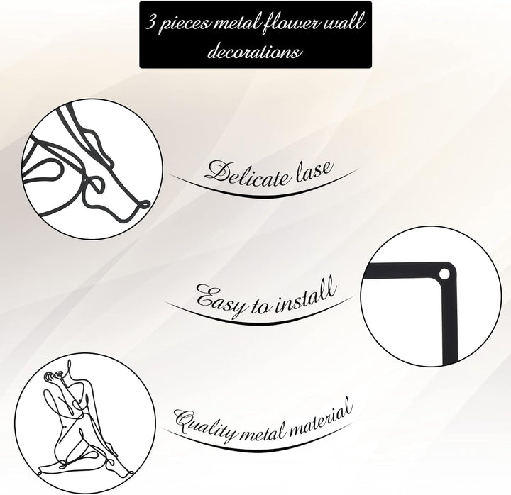 3 bucăți Metal Minimalist Woman Wall Art Deco Modern Metal Abstract Woman Wall Art Female Single Line Line Drawings to Hang for Living Room (negru, modern) Statuete si sculpturi Naty Shop