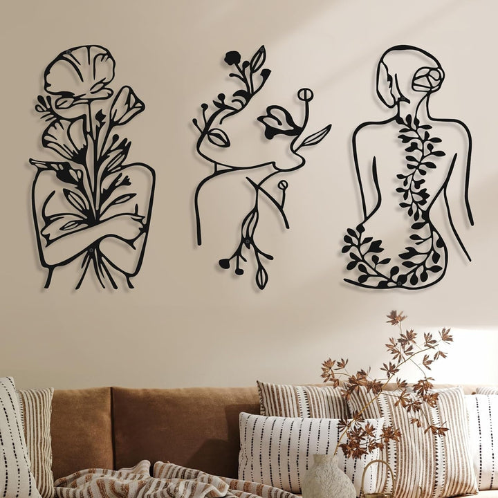 3 bucăți Metal Minimalist Woman Wall Art Deco Modern Metal Abstract Woman Wall Art Female Single Line Line Drawings to Hang for Living Room (negru, modern) Statuete si sculpturi Naty Shop Negru Planta