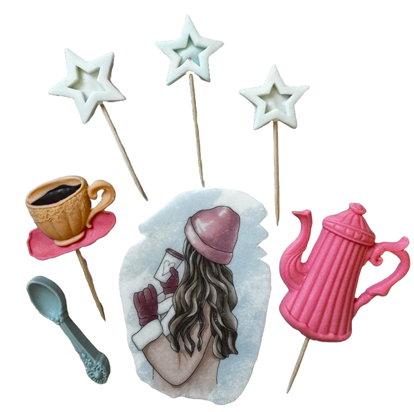 Set 7 decoratiuni comestibile din pasta de zahar, Beautiful Lady, caciula roz Decoratiuni din Pasta de Zahar Naty Shop
