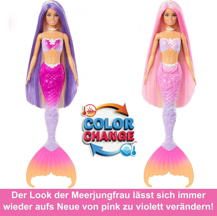 Păpușă sirenă BARBIE - inspirată din serialul TV "Barbie A Hidden Magic", cu efect de schimbare a culorilor și accesorii, păr roz lung de 19 cm pentru styling, pentru copii de la 3 ani, HRP97 Papusi Naty Shop