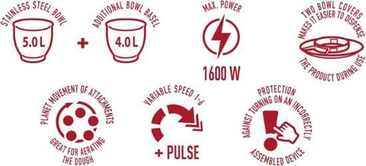 MPM - Planeten-Küchenmaschine Mit 2 Rührschüsseln 4 & 5 Liter - 1600W Küchenmaschine - Schwarz Mama si Copilul Naty Shop