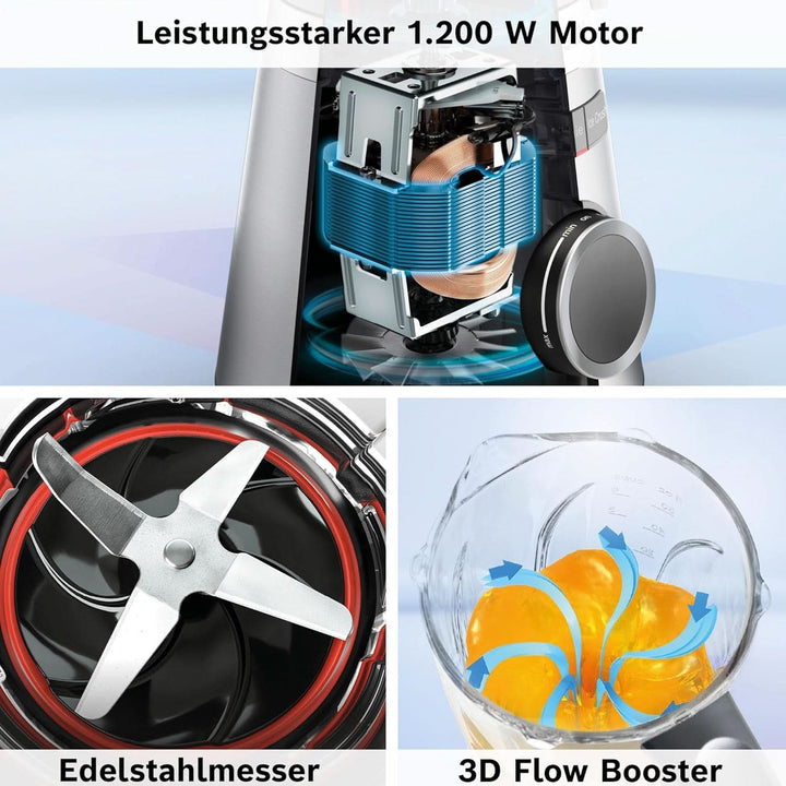 Bosch Standmixer Vitapower Serie 4 MMB6172SN, Verbesserte Version, 10 Jahre Motorgarantie, Edelstahl-Klingen, 1,5L Glasbehälter, Spülmaschinenfeste Teile, 30,000 U/Min, 1200 W, Silber Bucatarie Naty Shop