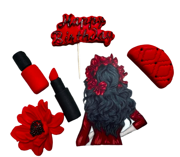 Set 6 decoratiuni comestibile din pasta de zahar, Beautiful Lady, Rosu si Negru Decoratiuni din Pasta de Zahar Naty Shop