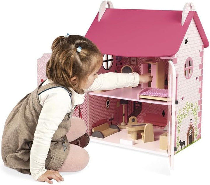 Janod - Casa de păpuși din lemn Mademoiselle, 3 etaje și cu 11 accesorii, replică de jucărie, dezvoltă imaginația, de la 3 ani, J06581, roz Casute de papusi Naty Shop